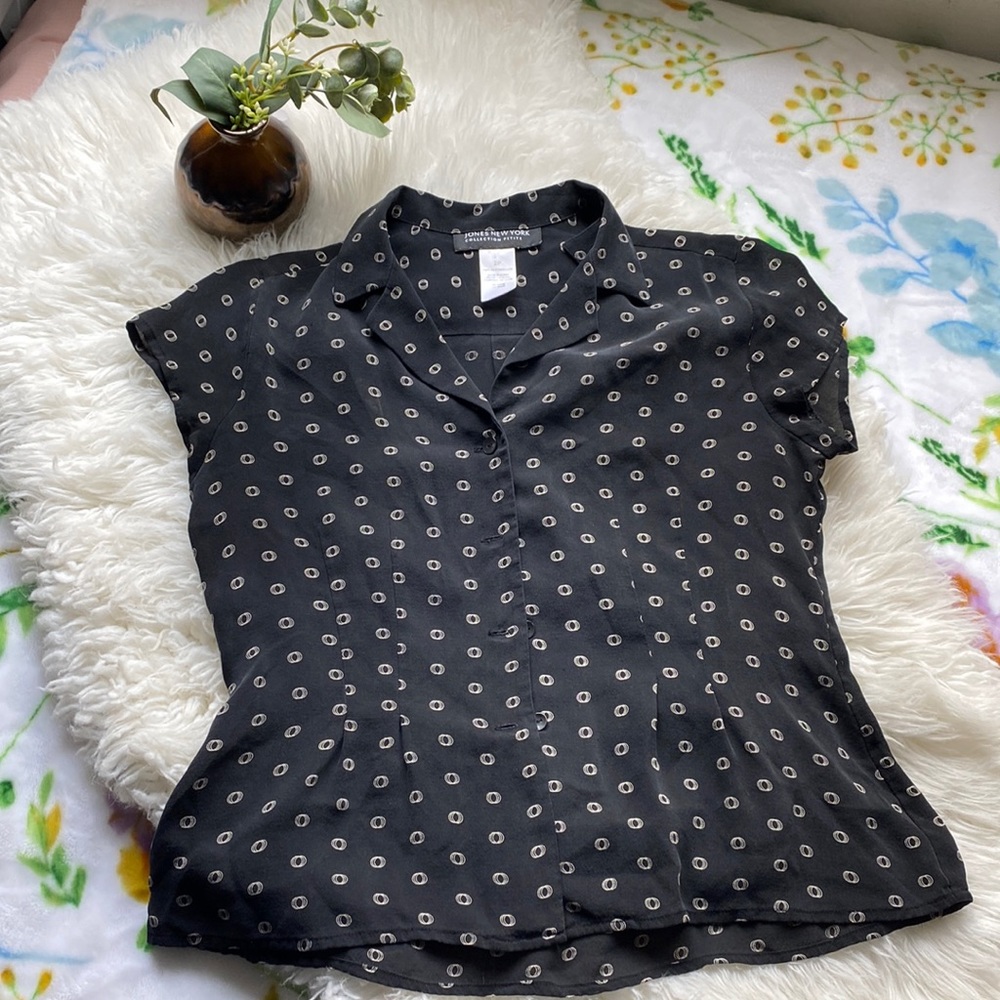 Vintage 100% silk black dot blouse top